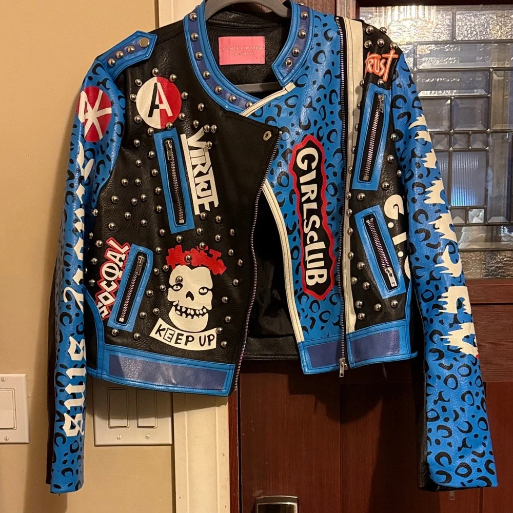 Women's Black and Blue studded Faux Leather Jacket - Picture 3 of 3